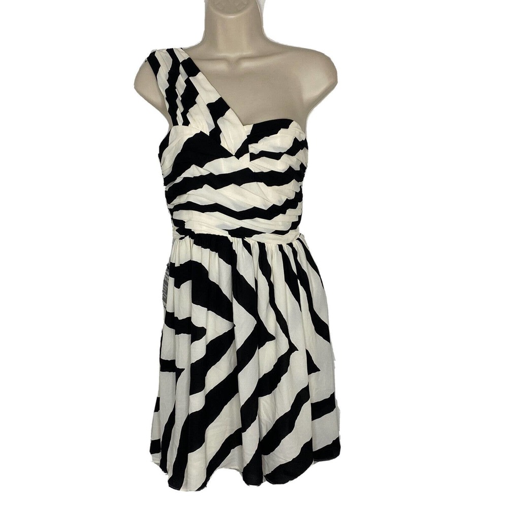 NWT $98 Express Women’s Black White Striped Zebra One Shoulder Flare Dress Sz 2